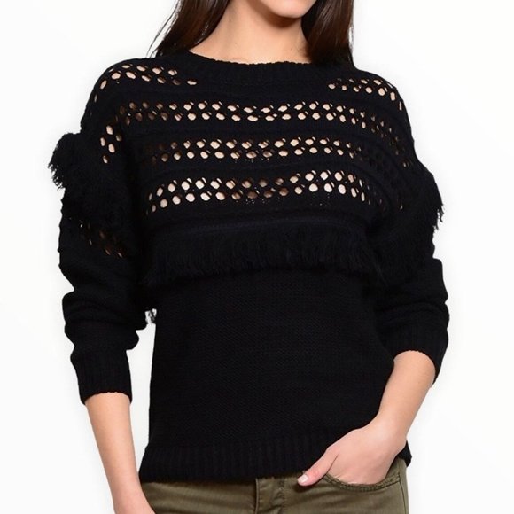 J.O.A. Sweater‎ Womens Medium Black Fringe Open Knit Long Sleeve Crew Neck Party - Picture 6 of 6